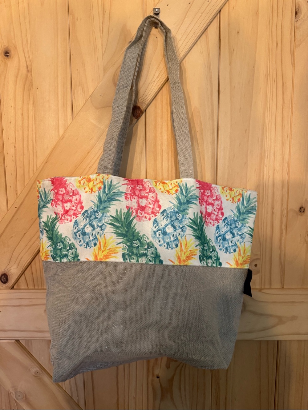 Nicole Miller Multicolor Pineapple Print Canvas Tote with Gray Base